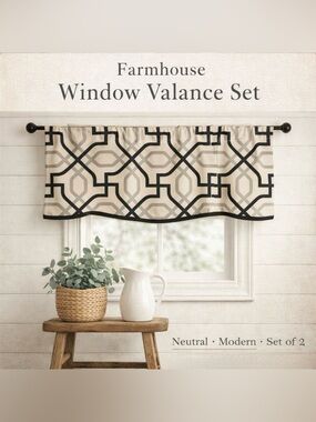 Modern Geometric Curtain Valance Panels | Neutral Beige & Black Set of 2